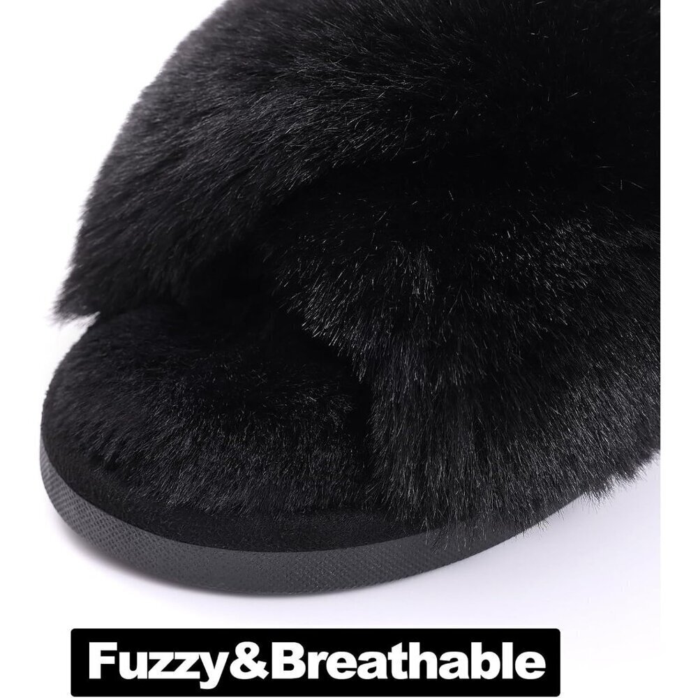 🆕Women's Black Fuzzy Slippers Cross Band Memory Foam Faux-fur Open Toe Shoes - Picture 5 of 9